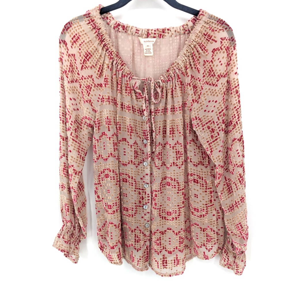 Sundance Blouse Womens XS Pink Beige Silk Burnout Velvet Sheer Boho Peasant Top